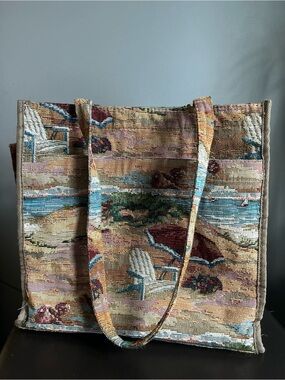 Jade Woven Textile Beach Scene Vintage Tote Bag in Multicolour with Coin Purse